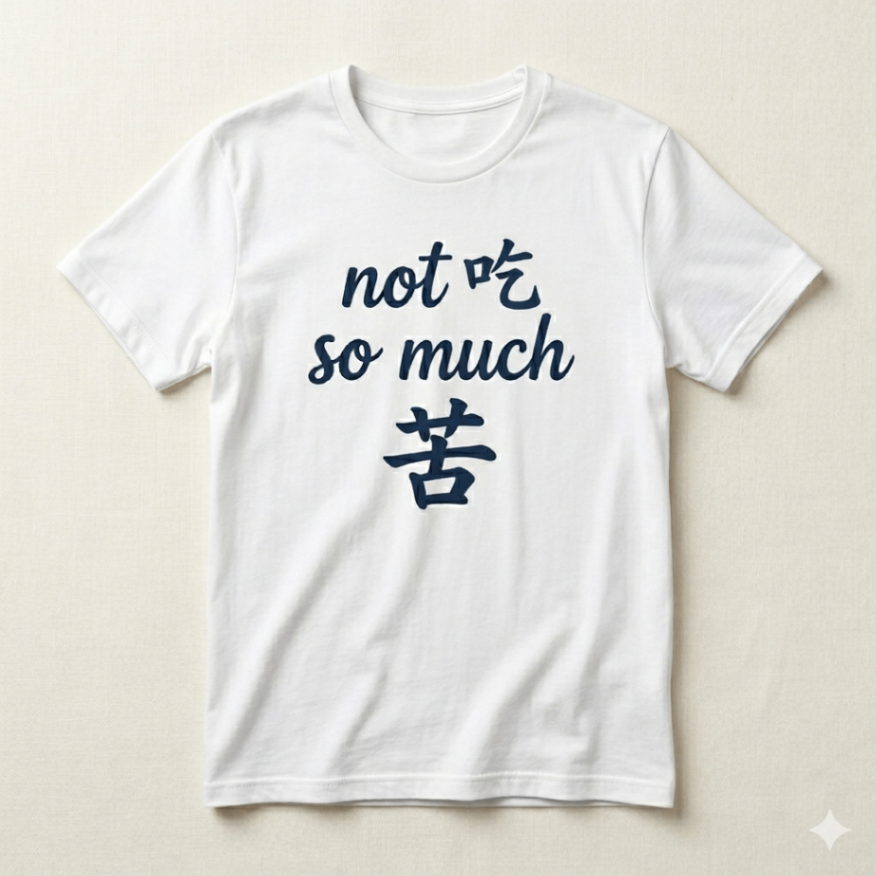 A white t-shirt that reads "not 吃 so much 苦" - a playful take on the Chinese concept of chi ku (eating bitterness)
